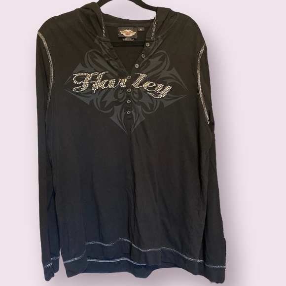 Harley-Davidson Long Sleeve Hooded Tee w/ Rhinestones - Picture 1 of 8